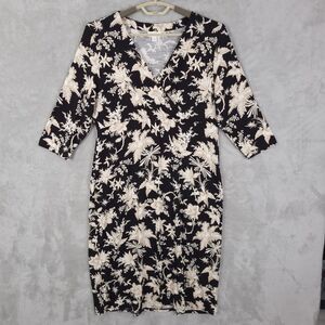 J Jill Midi Dress Womens Size M Floral Faux Wrap 3/4 Sleeves V-Neck Stretchy